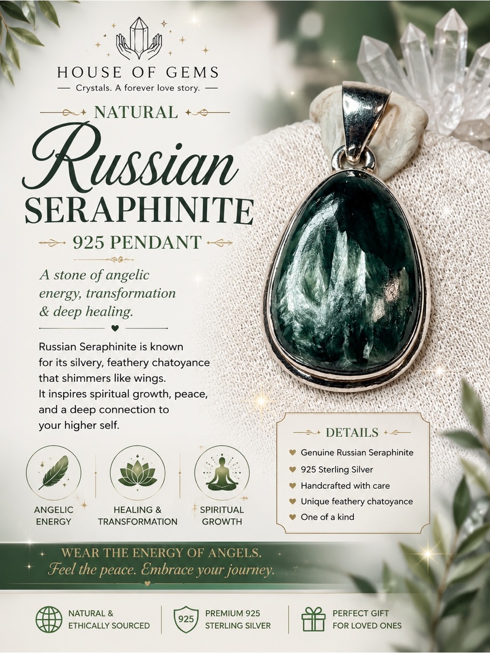 Natural Russian Seraphinite 925 Pendant - Deep Green